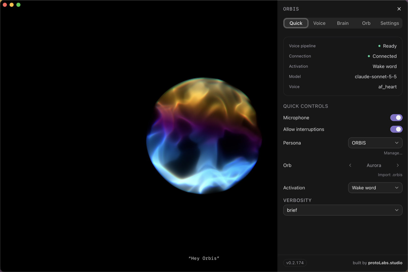 ORBIS with the settings drawer open: voice pipeline ready, wake word activation, persona and orb pickers
